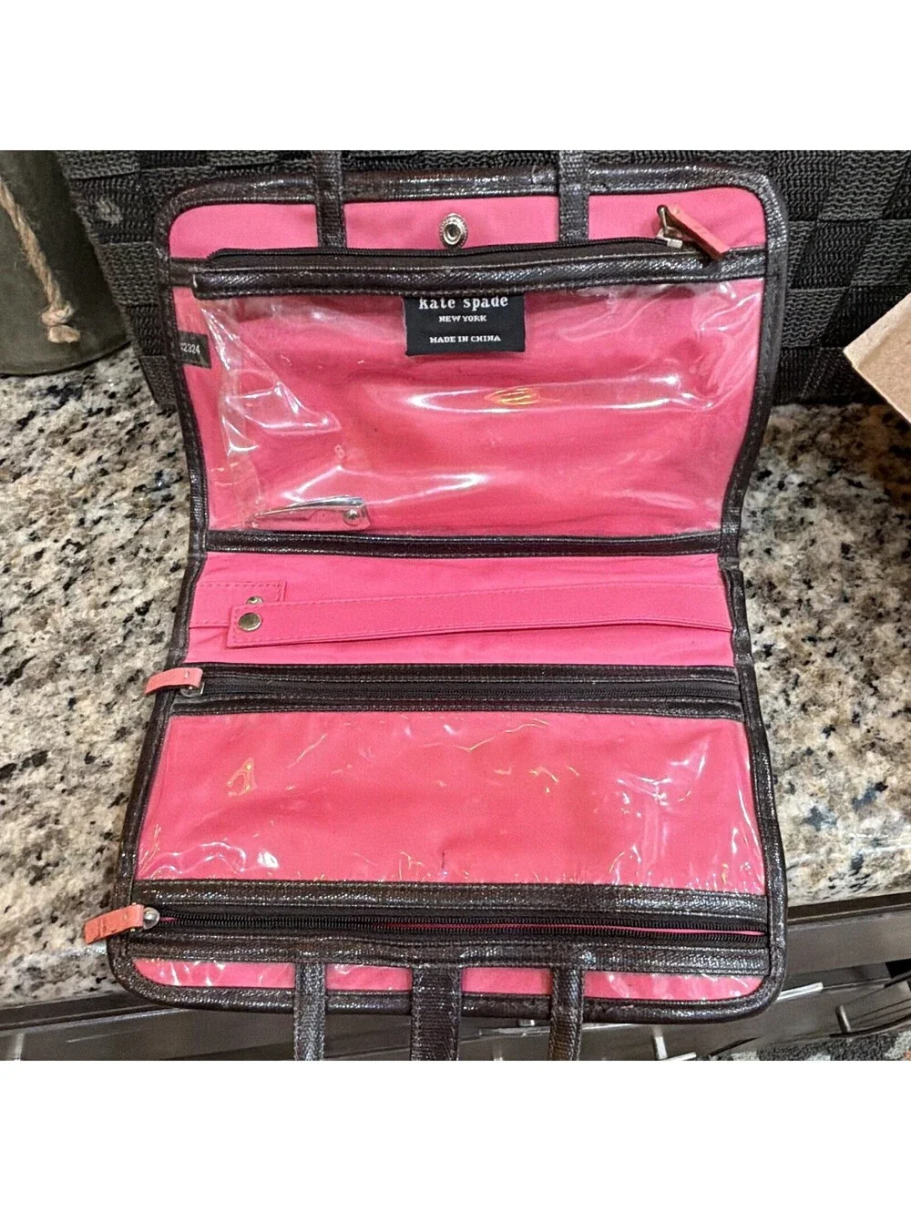 Kate Spade Clear Roll Up Hanging Makeup Travel Bag Pink Black Trim